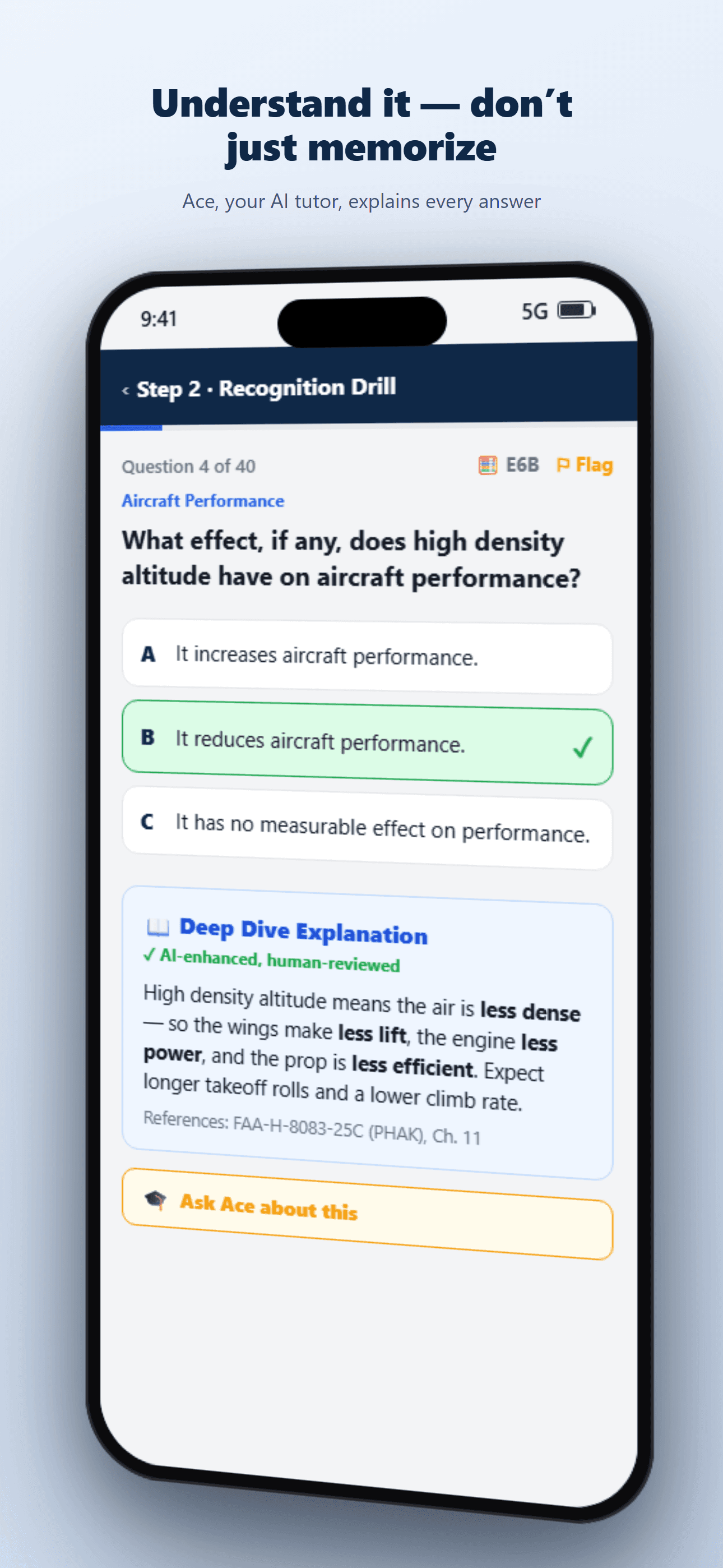 Ask Ace, the AI tutor, answering an aviation question with real FAA references