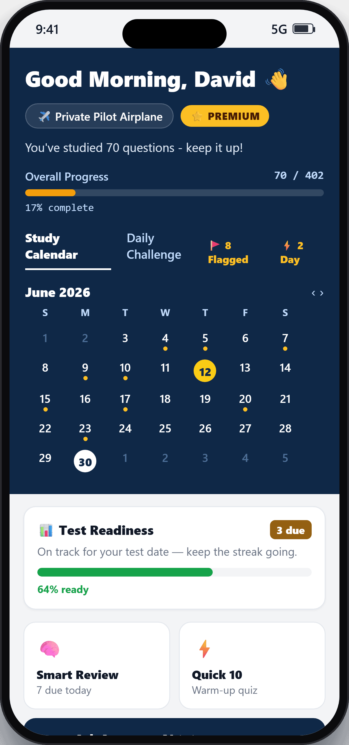 Aviation Test Prep app running on iPhone, showing the study dashboard