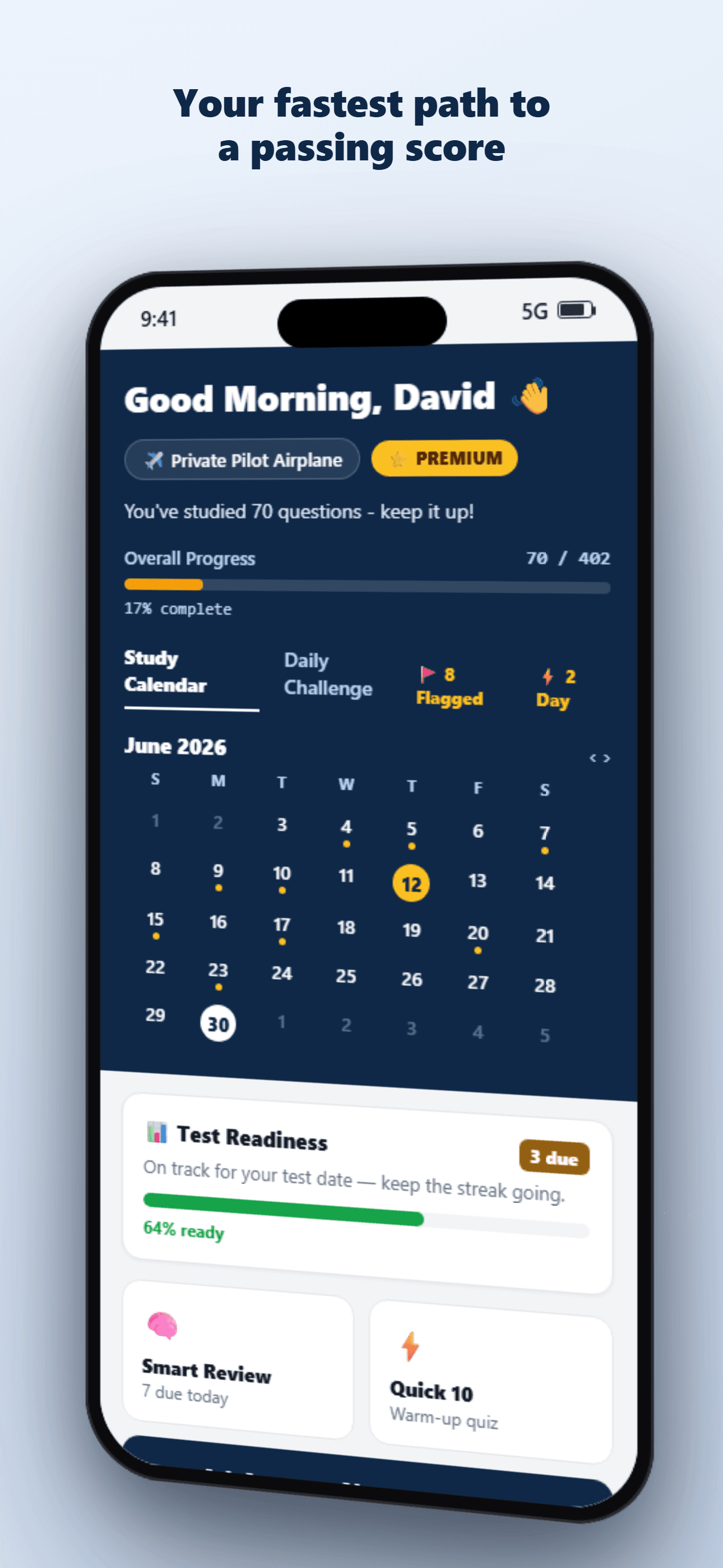 Aviation Test Prep dashboard — your fastest path to a passing score, with a study calendar and test-readiness tracker