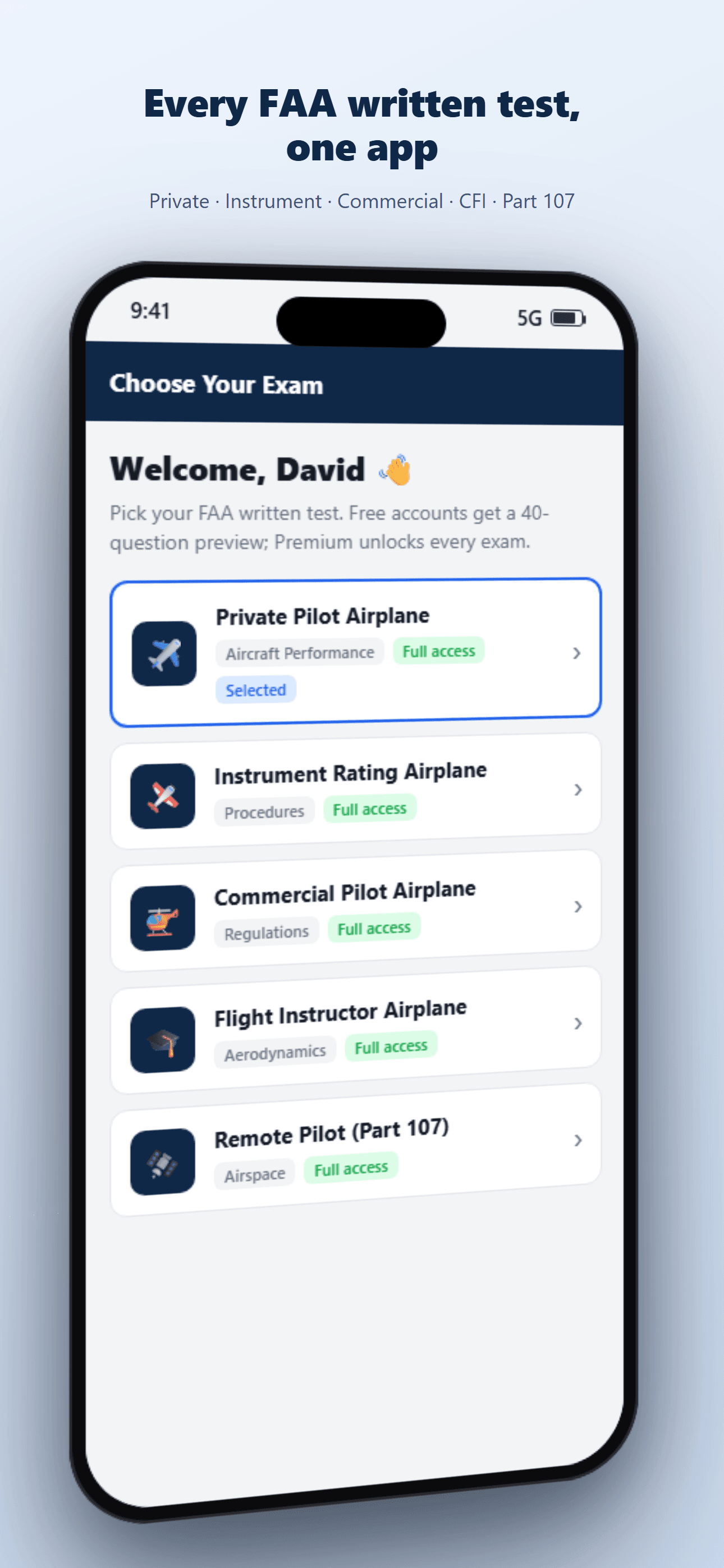 Choosing an FAA exam to study for in the Aviation Test Prep app