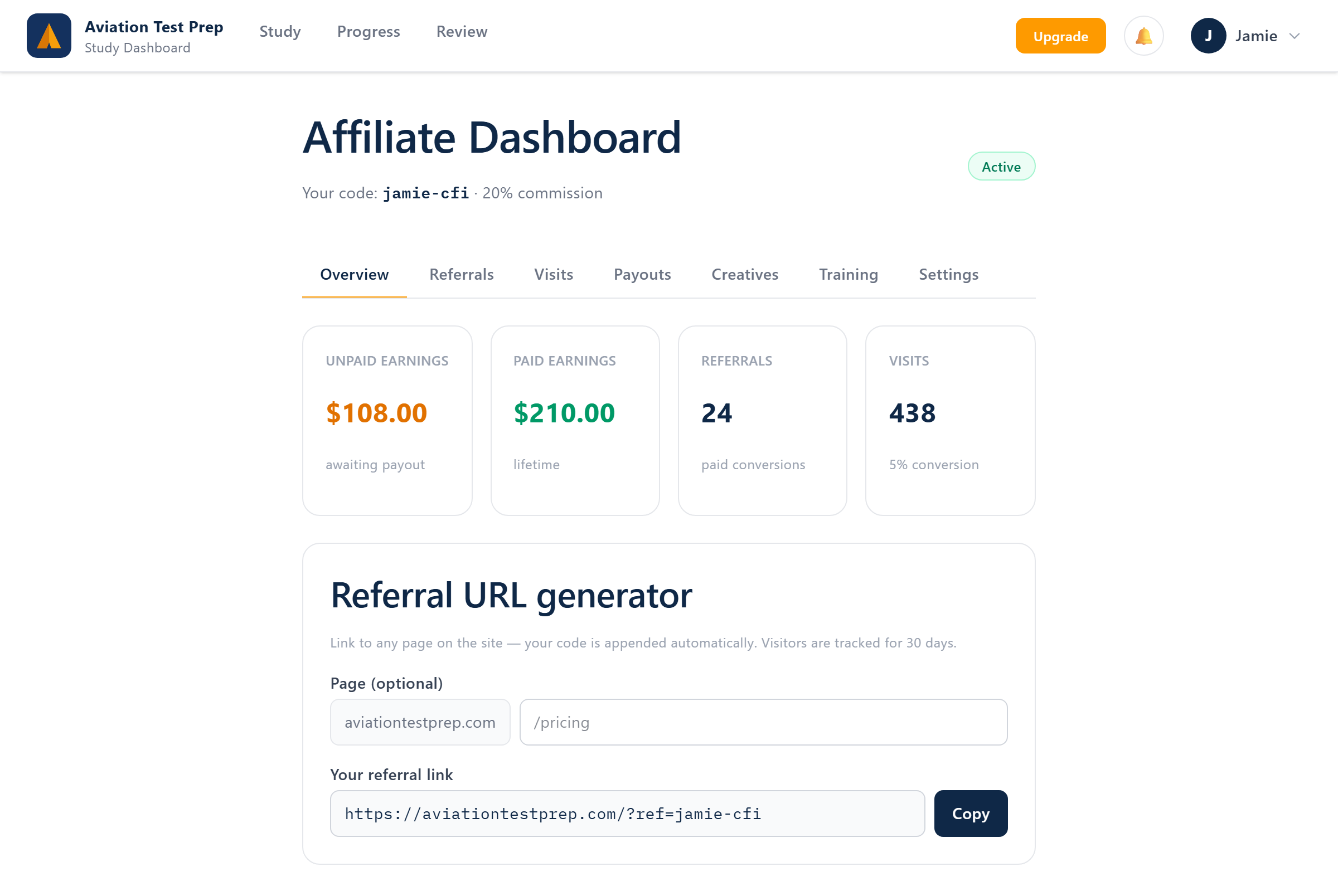 Live dashboard — Aviation Test Prep affiliate portal