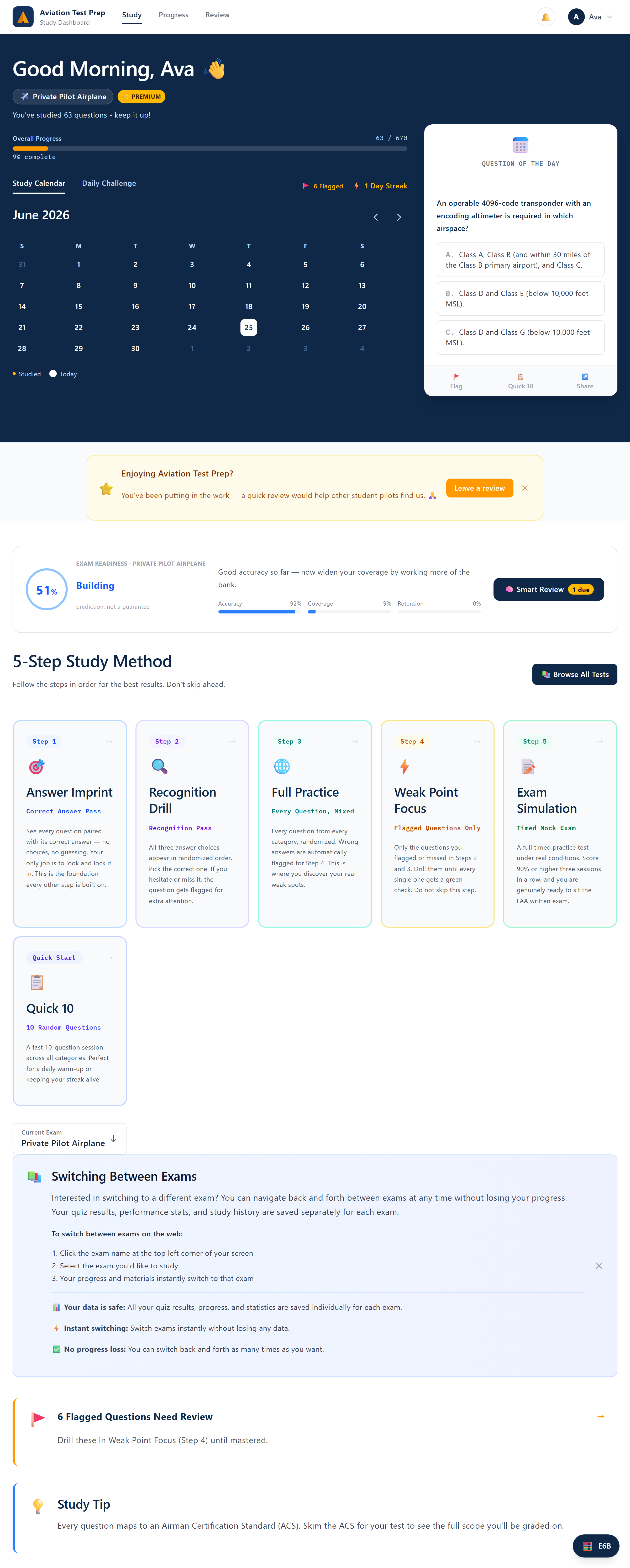 The Aviation Test Prep study dashboard showing progress, streak, and the five study steps