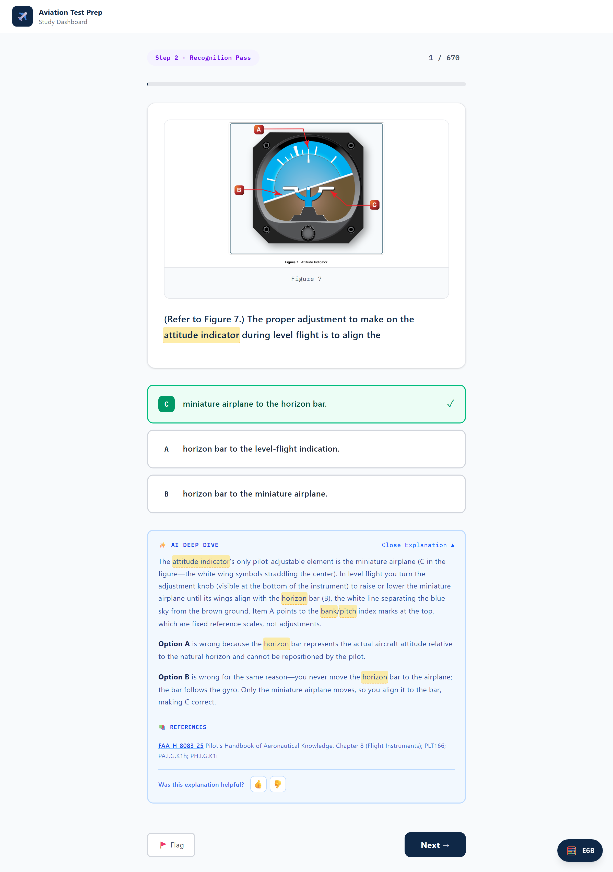 An AI Deep Dive explanation breaking down why each answer choice is right or wrong, with FAA references