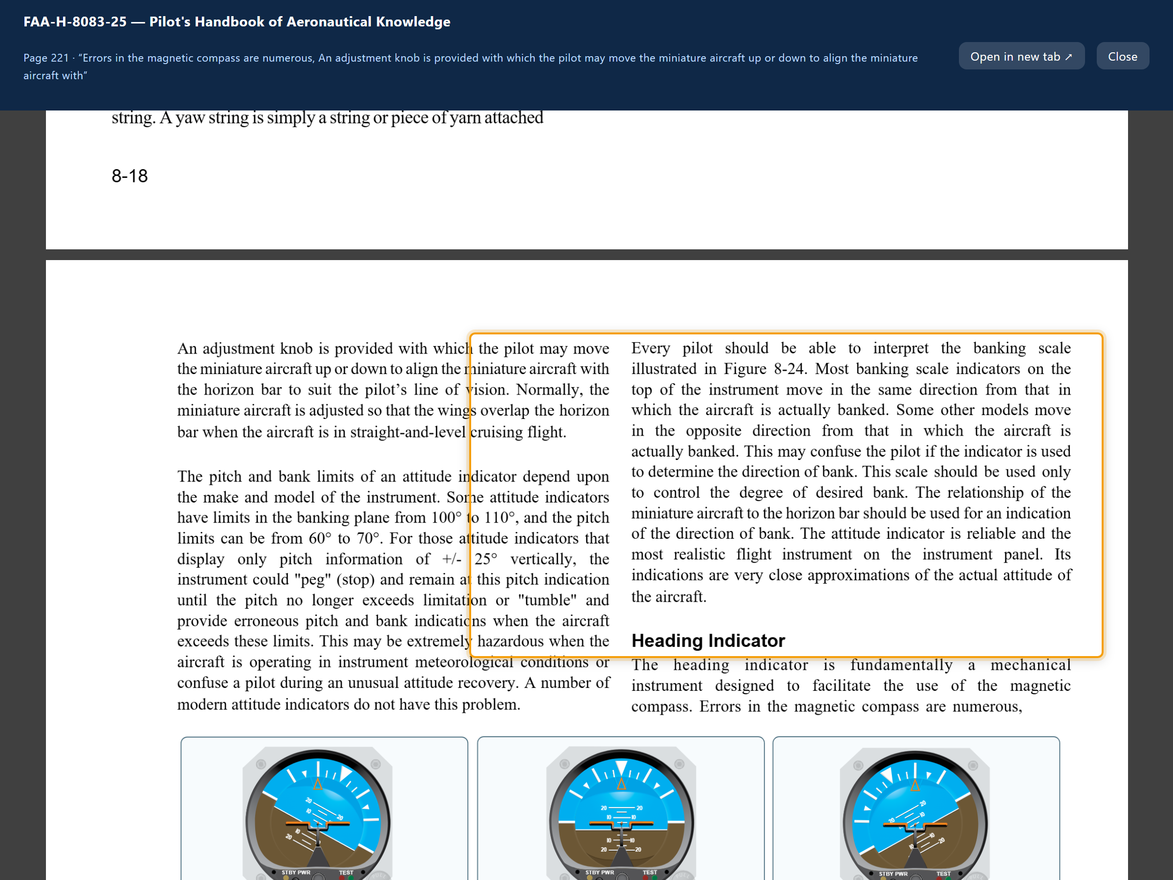 The in-app FAA handbook viewer open to the cited page with the relevant paragraph highlighted in yellow