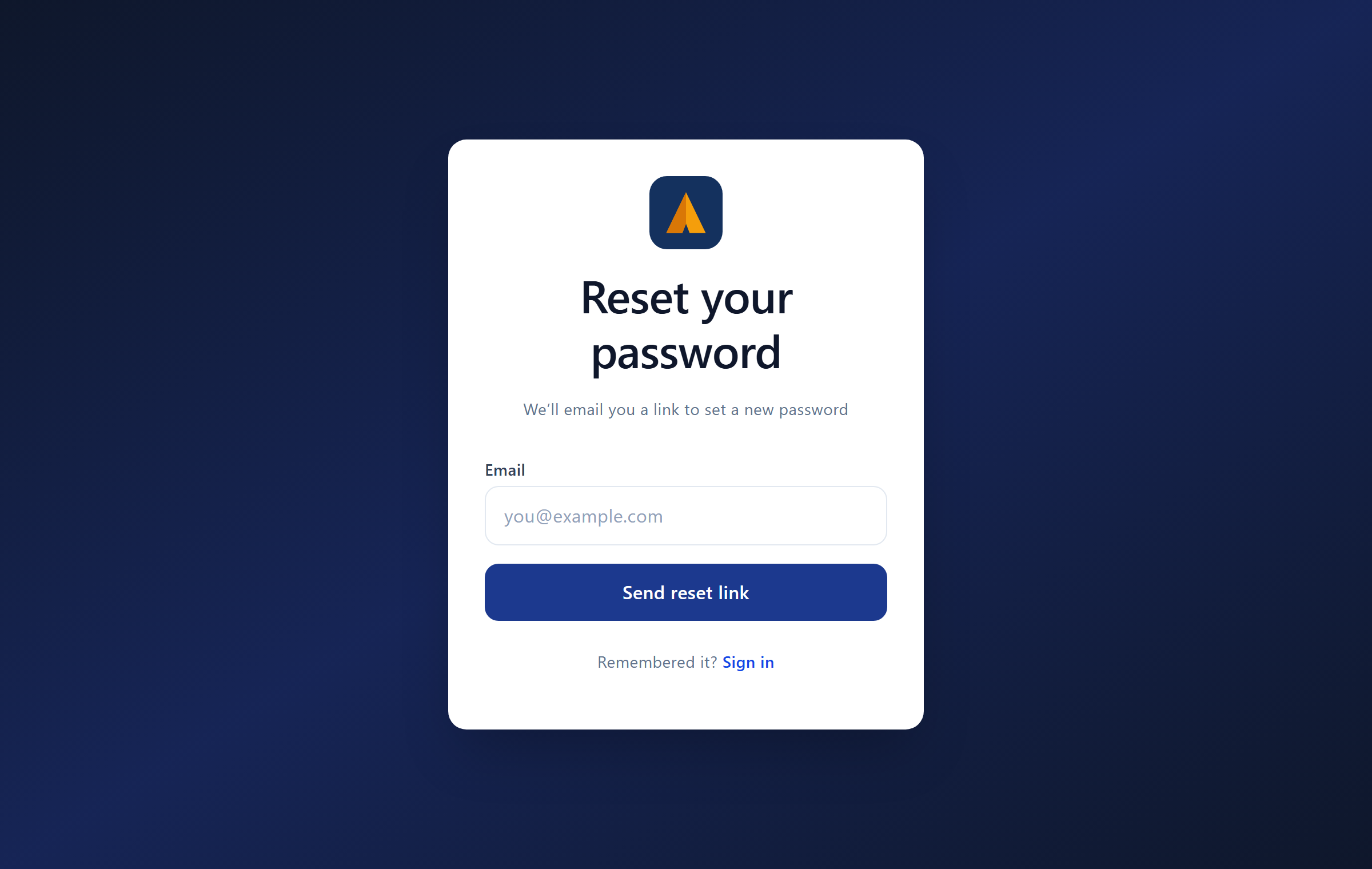 The reset-password request page with an email field and a Send reset link button