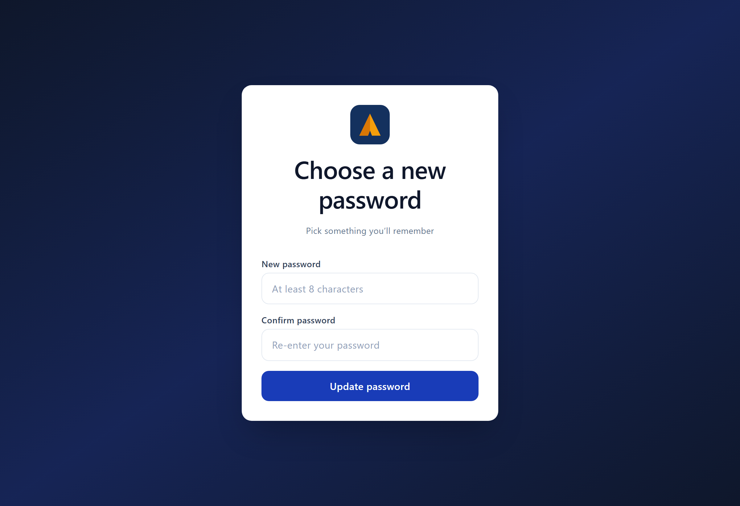The choose-a-new-password page with New password and Confirm password fields