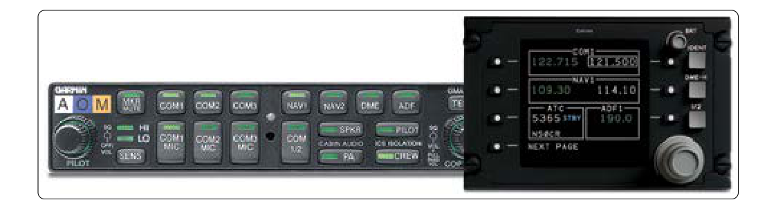 An audio panel in a general aviation aircraft integrates the selection of several radio-based communication and navigational aids into a single control panel (left). A digital tuner (right) does the same on a business class aircraft and allows the frequency of each device to be tuned from the same panel as well.