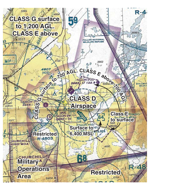 Class D airspace shown on a sectional chart.
