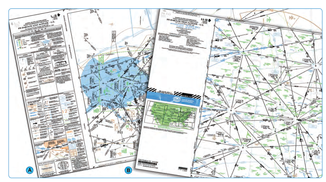 IFR en route low altitude (left) and high altitude (right) charts.