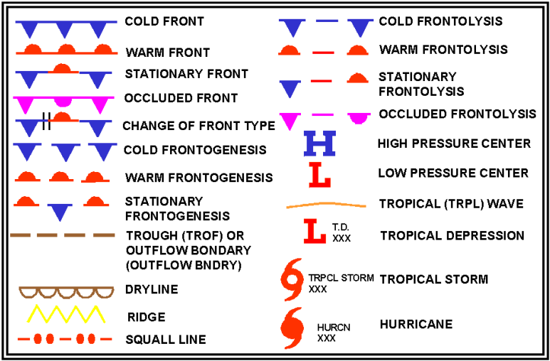A legend chart identifying standard meteorological symbols used on weather maps, including fronts, pressure centers, tropical systems, and other surface analysis features.