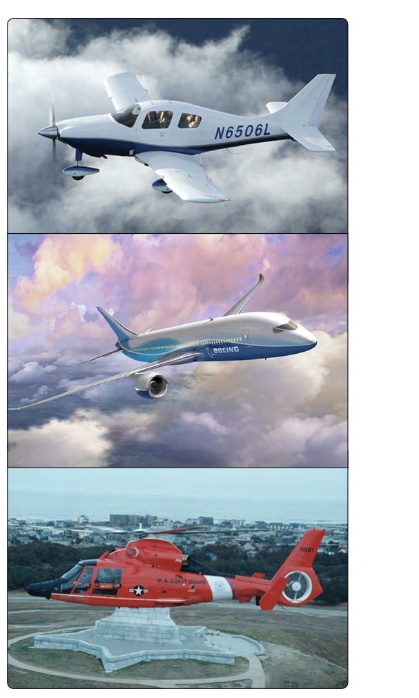 Composite materials in aircraft, such as Columbia 350 (top), Boeing 787 (middle), and a Coast Guard HH-65 (bottom).
