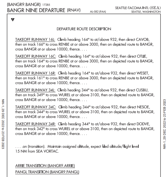 The BANGR NINE DEPARTURE (RNAV) procedure text description for Seattle-Tacoma International Airport, detailing departure route instructions for multiple runways including headings, fixes, and altitude crossing restrictions.