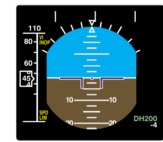 The decision height, DH200, in the lower right corner of this EADI display uses the radar altimeter as the source of altitude information.