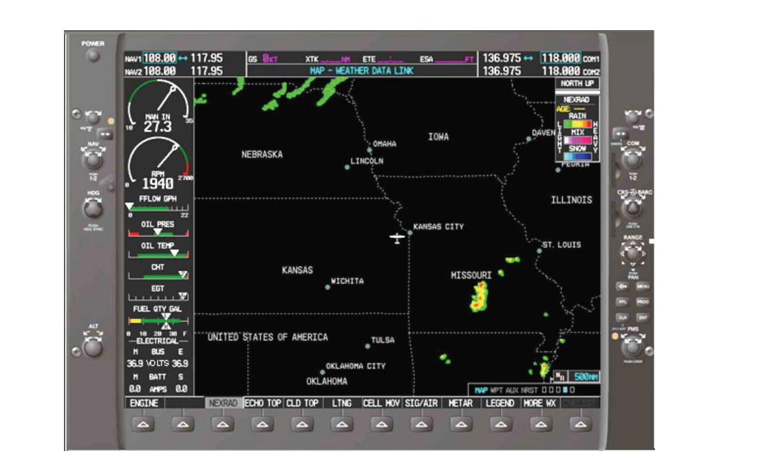 NEXRAD radar display (500 mile range). The individual color gradients can be easily discerned and interpreted via the legend in the upper right corner of the screen. Additional information can be gained by pressing the LEGEND soft key, which displays the legend page.