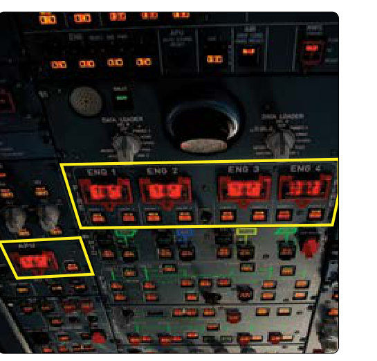 Engine and APU fire switches on the flight deck center overhead panel.