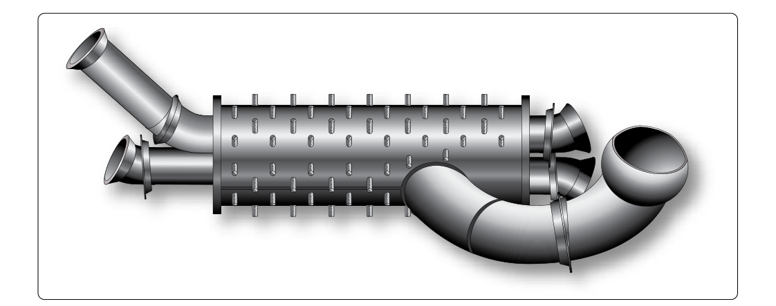 An exhaust manifold with its shroud removed showing numerous welded studs used to increase heat transfer from the exhaust to the ambient air going to the cabin.