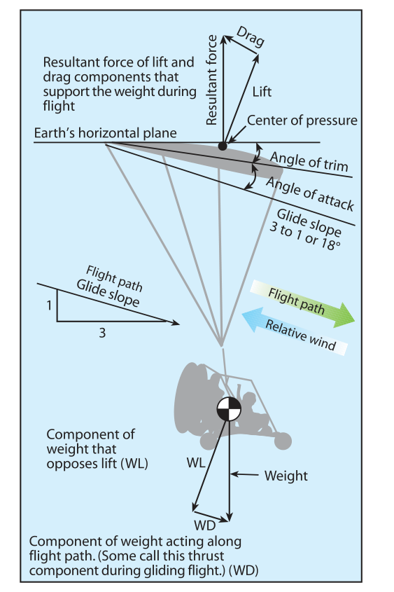 Typical forces in gliding flight, with no engine thrust.