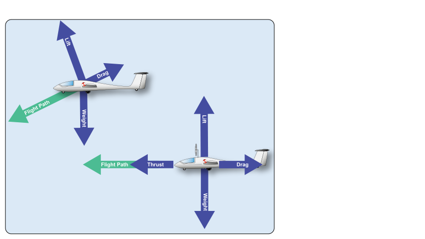 Vector components of lift, thrust, drag, and weight (gravity).