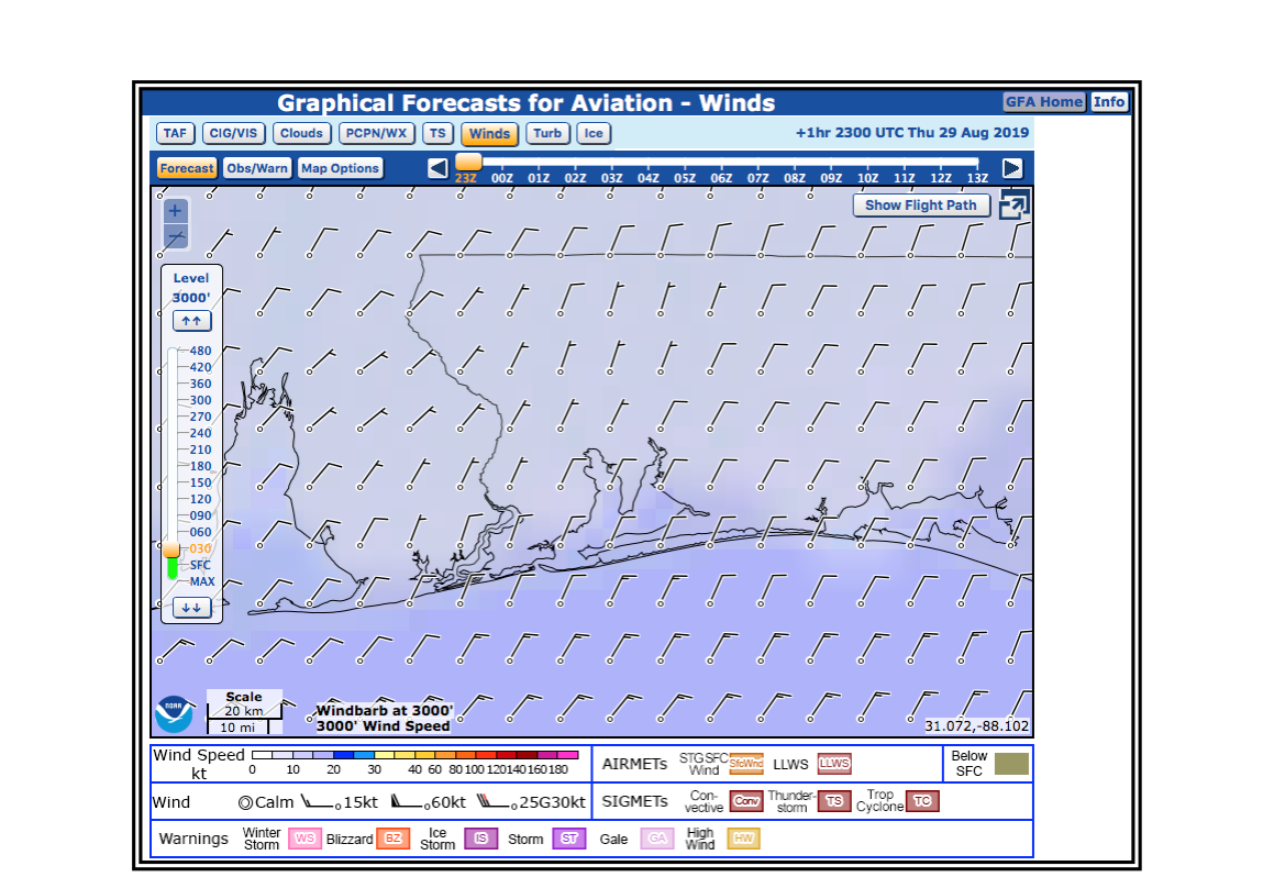 Example of the GFA Tool Wind Aloft Forecast Display at 3,000 ft Zoomed in Over Pensacola, FL