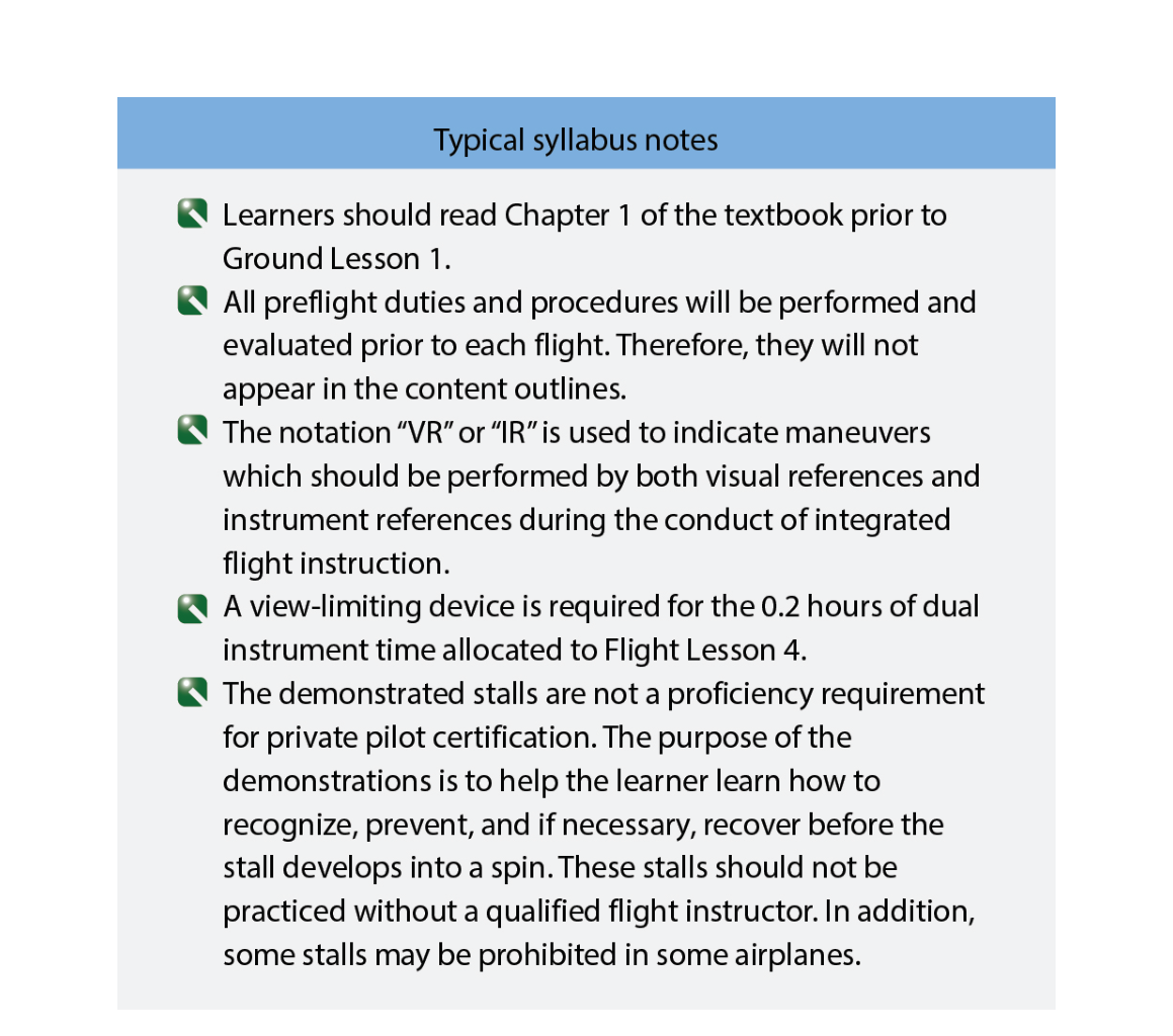 Information in the form of notes may be added to individual ground or flight lessons in a syllabus when they are necessary.