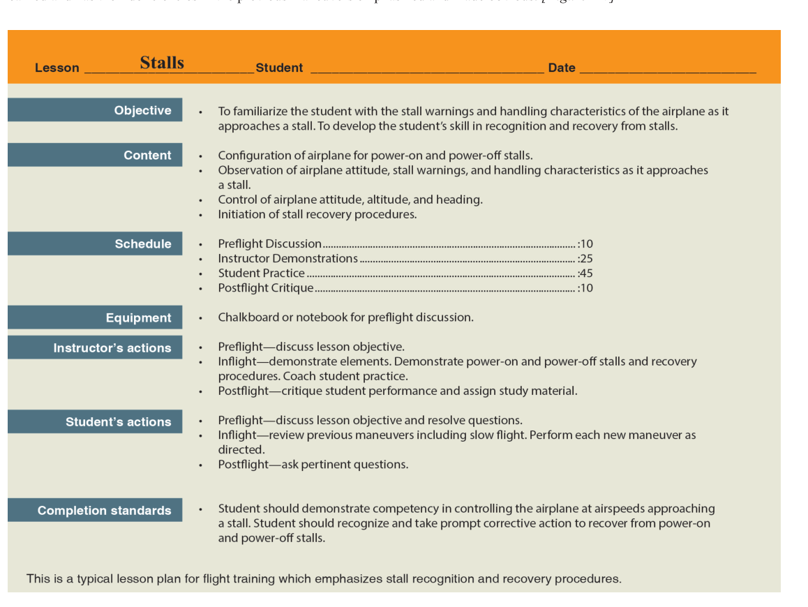 Sample lesson plan for stall training and recovery procedures.