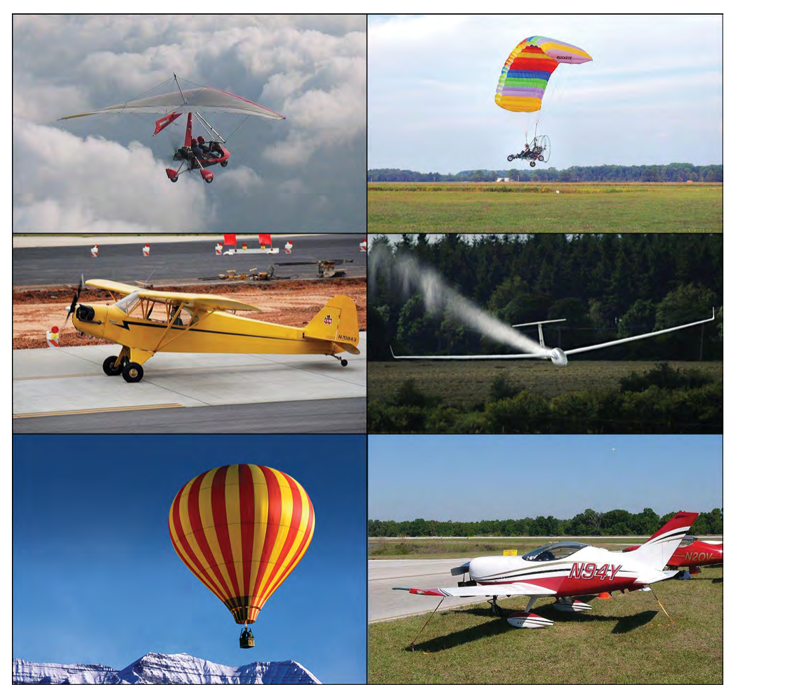 Examples of light sport aircraft (from top left, clockwise): weight-shift control, powered parachute, glider, airplanes, hot air balloon, and amateur-built LSA.