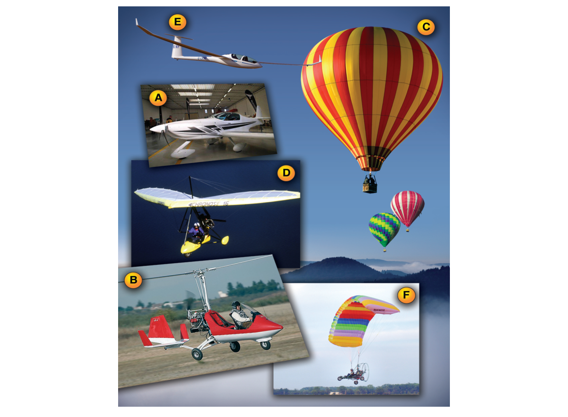 The LSA category covers a wide variety of aircraft including: A) airplane, B) gyroplane, C) lighter-than-air, D) weight- shift-control, E) glider, and F) powered parachute.