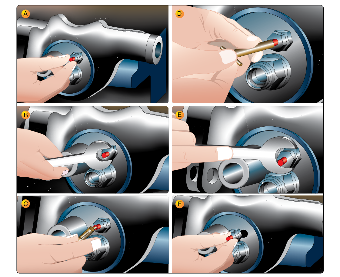 Steps in servicing a landing gear shock strut include releasing the air from the strut and removing the service valve from the top of the strut to permit the introduction of hydraulic fluid. Note that the strut is illustrated horizontally. On an actual aircraft installation, the strut is serviced in the vertical position (landing gear down).