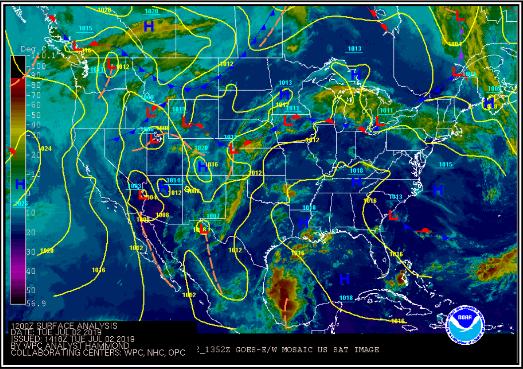 A surface analysis weather map of the contiguous United States showing isobars, high and low pressure centers, frontal systems, and satellite imagery overlay used for meteorological interpretation in aviation weather analysis.