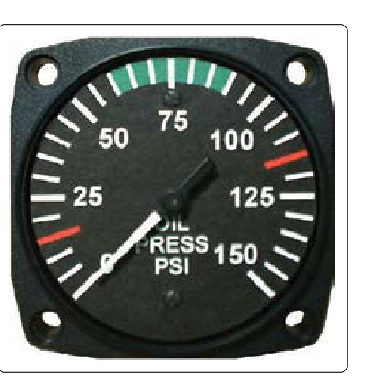 An analog oil pressure gauge is driven by a Bourdon tube. Oil pressure is vital to engine health and must be monitored by the pilot.