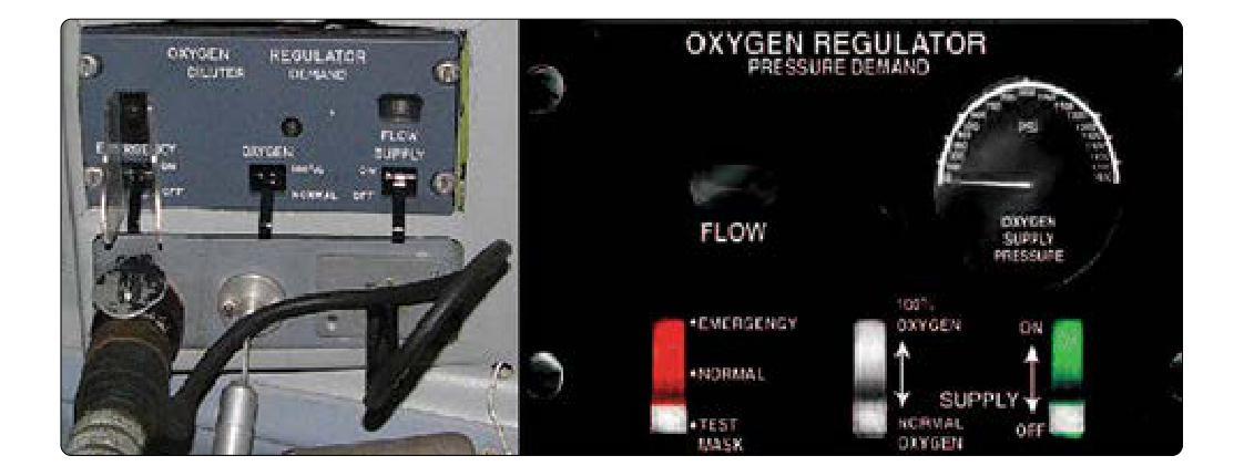The two basic types of regulators used in demand flow oxygen systems. The panel below the diluter demand regulator on the left is available for mask hose plug in (left), lanyard mask hanger (center), and microphone plug in (right). Most high performance demand type masks have a microphone built-in.