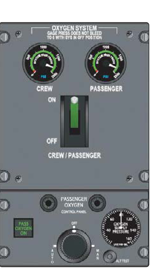 The crew can deploy passenger emergency continuous-flow oxygen masks and supply with a switch in the flight deck.
