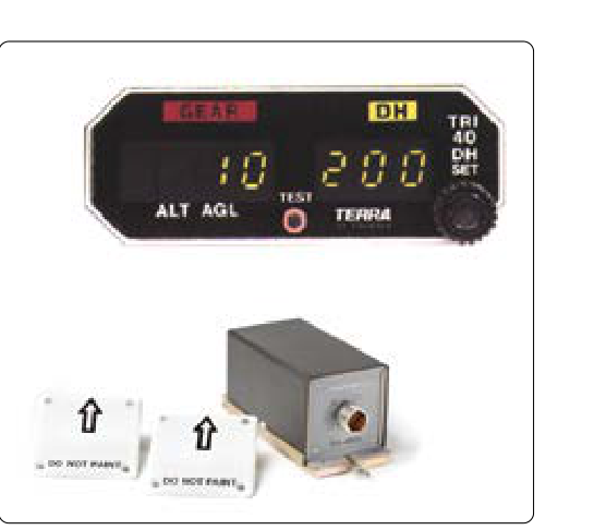 A digital display radio altimeter (top), and the two antennas and transceiver for a radio/radar altimeter (bottom).