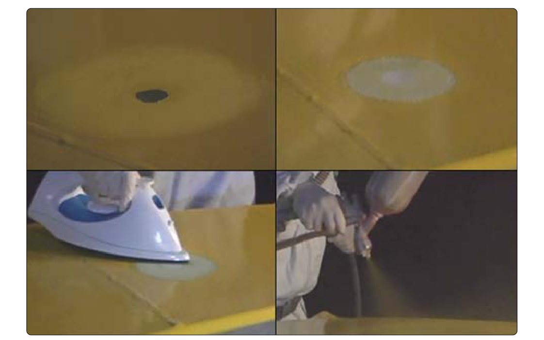 A patch over this small hole on a polyurethane top coat is repaired in accordance with the repair instructions in the STC under which the aircraft was re-covered. It requires only a two-inch fabric overlap and scuffing into the top coat before cementing and refinishing. Other STC repair instructions may not allow this repair.