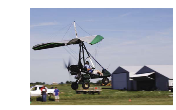 Initial takeoff grass strip with control bar pulled in slightly for a higher speed after liftoff in case of engine failure.