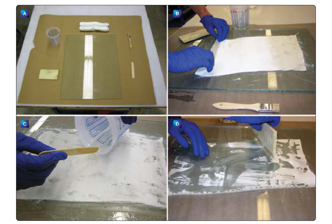 Fabric impregnation with a brush or squeegee: A) wet layup materials; B) fabric placement; C) fabric impregnation; D) squeegee used to thoroughly wet the fabric.