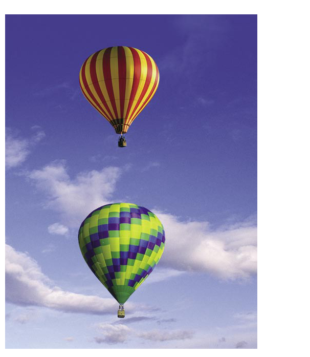 The balloon below has the right of way while ascending. The pilot of the higher balloon should, as a courtesy and in the interest of safety, yield the right of way to the ascending balloon, as that pilot is probably unable to see the balloon above.