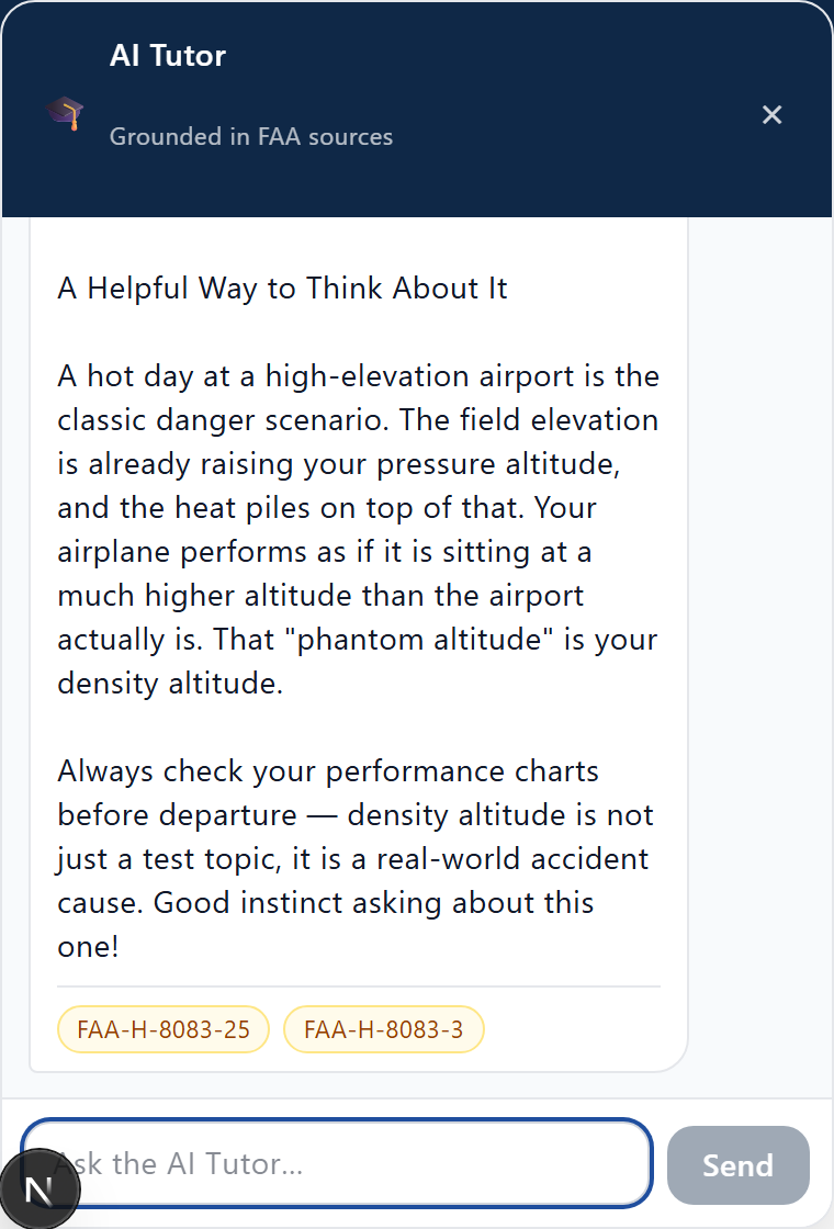 The Ace AI tutor panel answering an aviation question with cited FAA sources